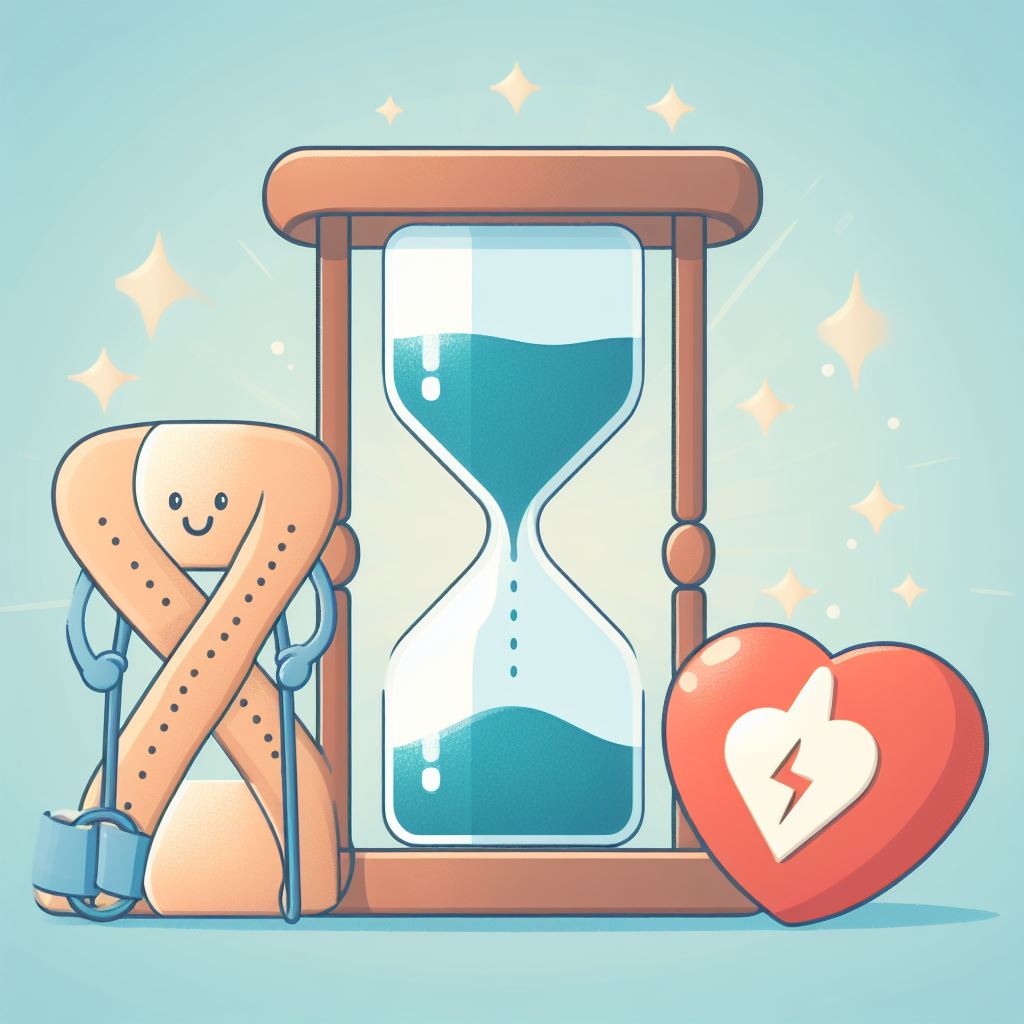 Imagen que muestra un reloj de arena, un corazon y una venda