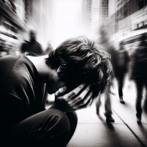 Imagen de una persona en cuclillas tapándose la cara, por estrés en la calle