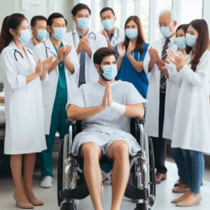 imagen de un paciente en silla de ruedas, rodeado de doctores