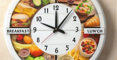 Imagen de un reloj que muestra las diferentes comidas que deberíamos tener en el día