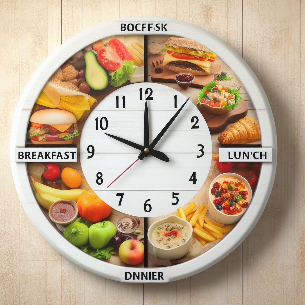 Imagen de un reloj que muestra las diferentes comidas que deberíamos tener en el día