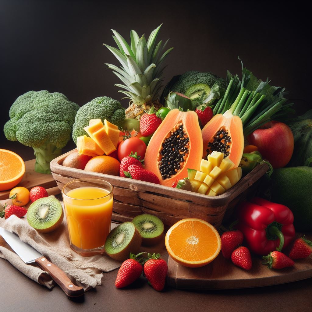 imagen con una gran variedad de alimentos que contienen vitamina C