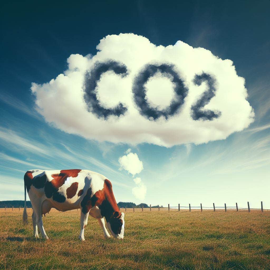 imagen que muestra a una vaca pastando y arriba de ella una nube que dice CO2