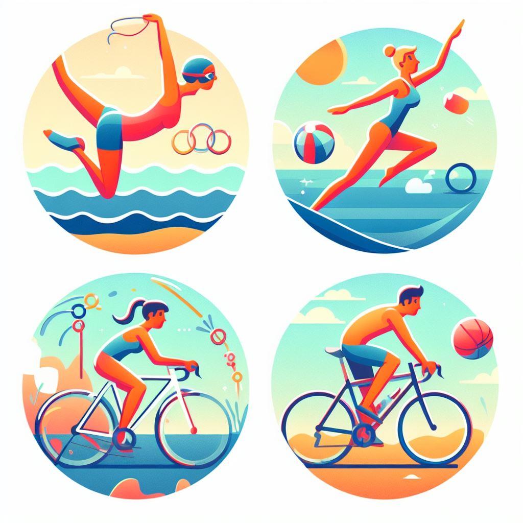 imagen que muestra a cuatro personas, una nadando, otra corriendo y dos en bicicleta