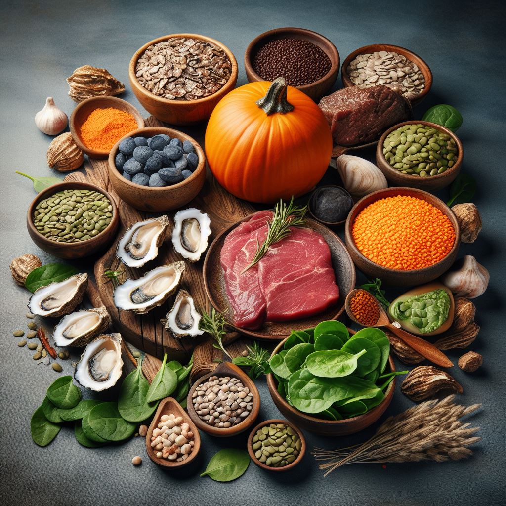 imagen que muestra una gran variedad de alimentos que contienen Zinc