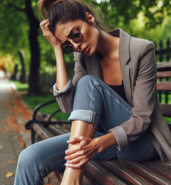 imagen de una mujer sentada en una banca del parque con dolor en la pierna