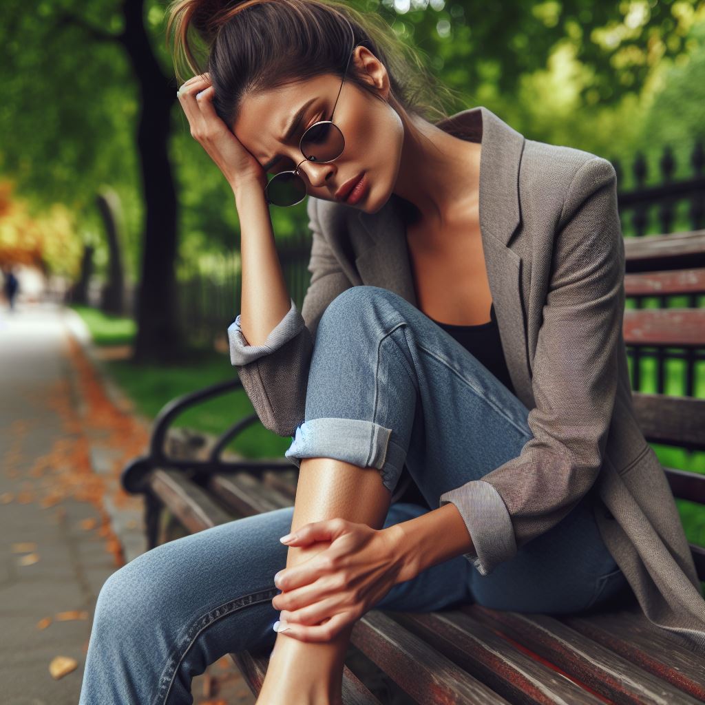 imagen de una mujer sentada en una banca del parque con dolor en la pierna