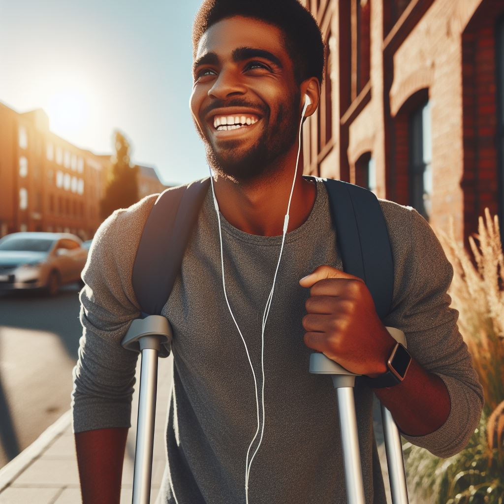 imagen de una persona caminando con muletas en la calle y sonriendo
