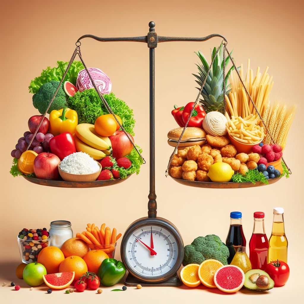 imagen de una balanza con comida saludable en un extremo y comida chatarra en el otro extremo